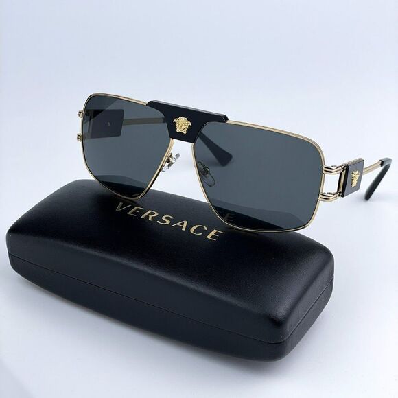 NEW Versace VE2251 100287 Gold Dark Grey Metal Pilot Men Sunglasses
